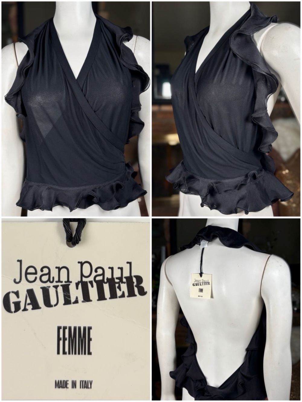 Jean Paul Gaultier FEMME Black Silk/Rayon Backless Ruffled Halter Wrap Top Sz 12